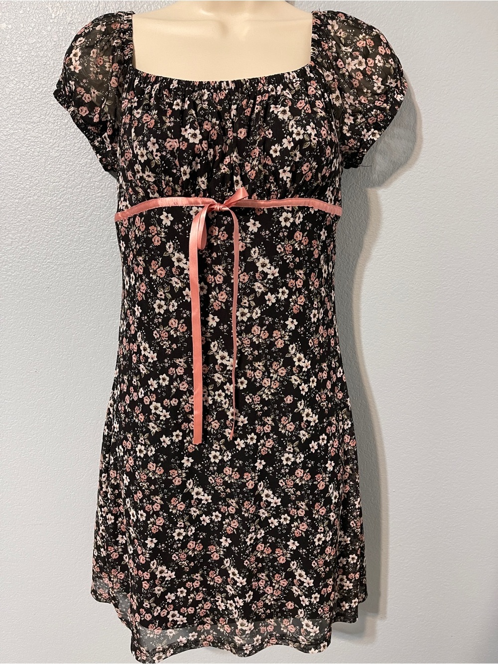 No Comment Babydoll Dress Black Floral Sheer Mesh Ethereal Juniors Small.